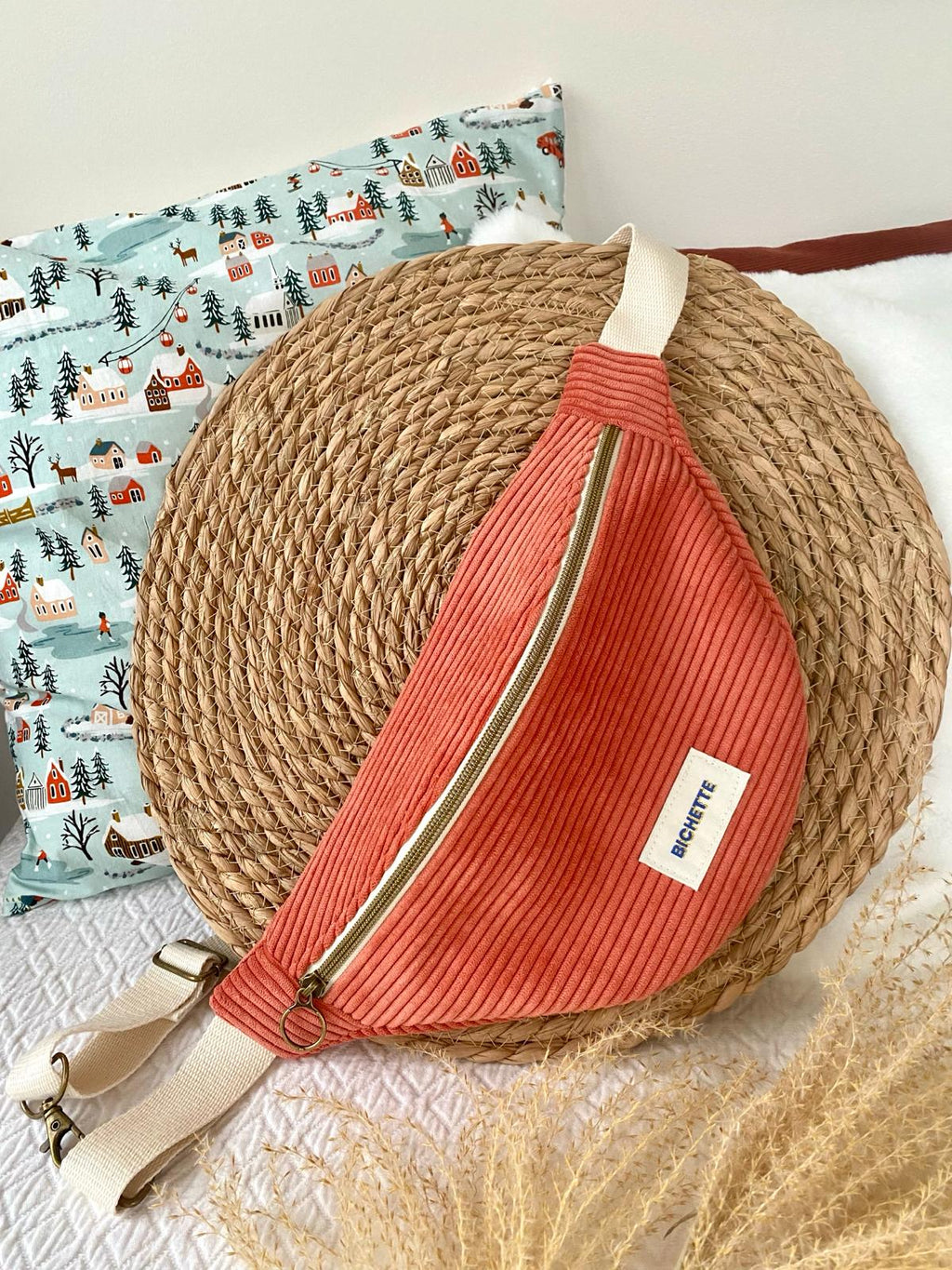 Sac banane velours pêche