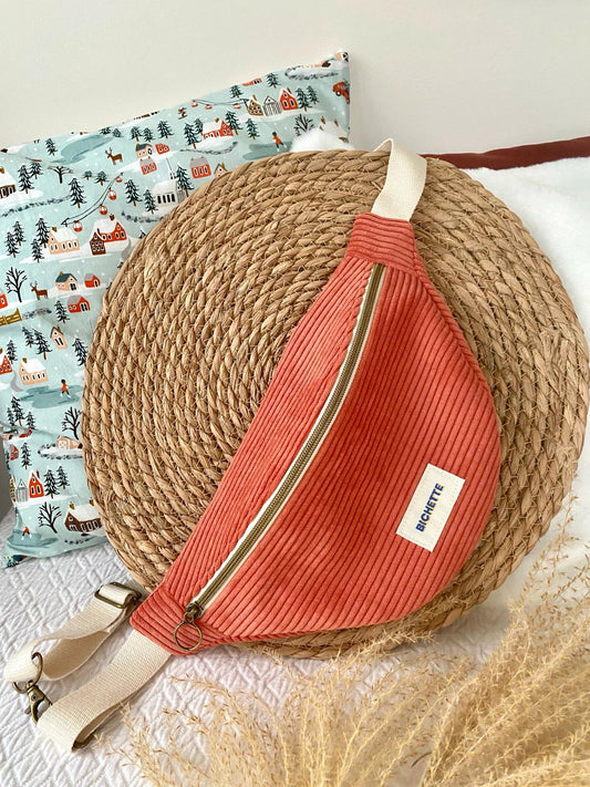 Sac banane velours pêche