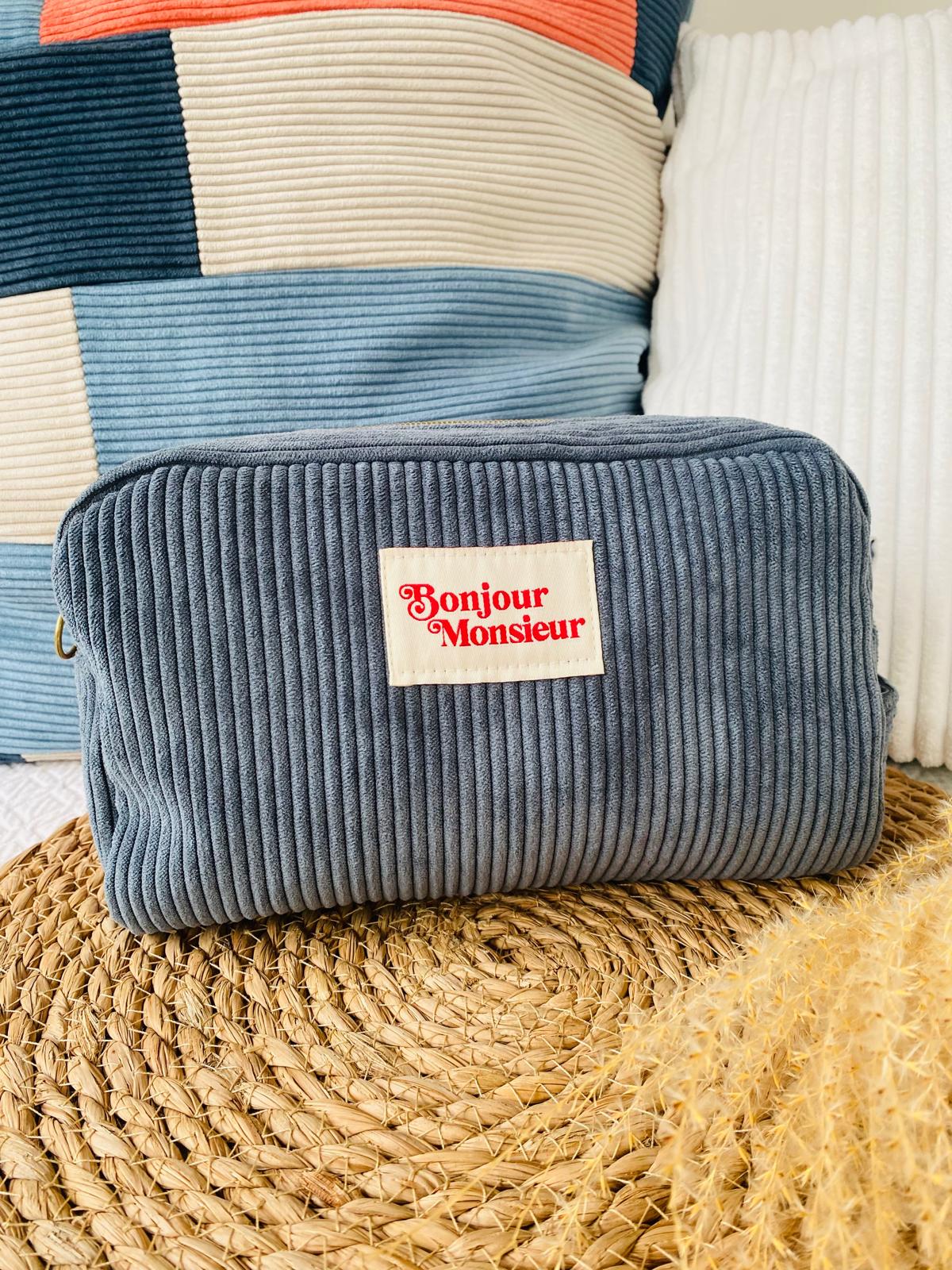 Trousse de toilette velours côtelé "Bonjour Monsieur"