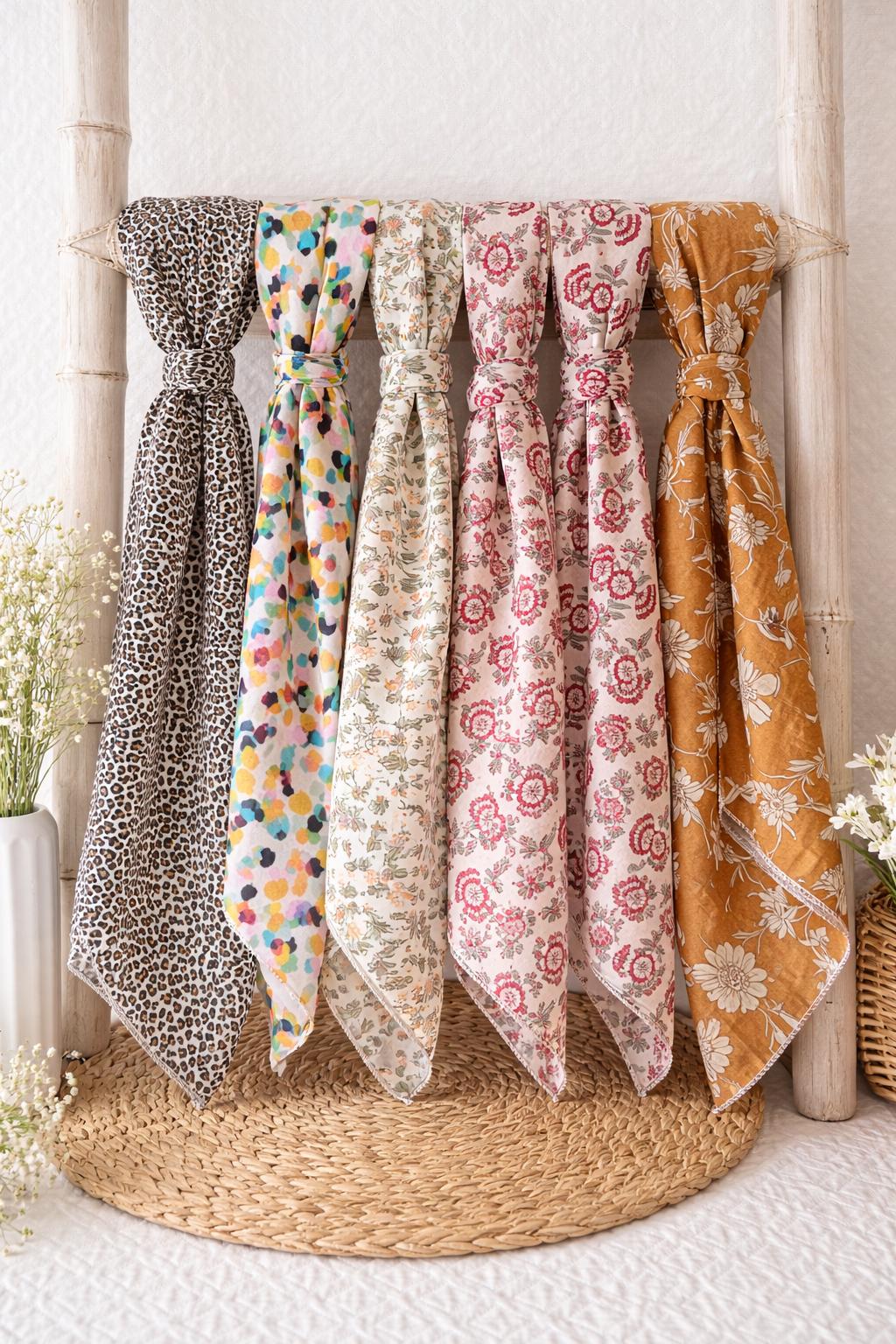 Foulard carré fait main 50x50 – coton/viscose léger – style bohème chic – accessoire cheveux & sac